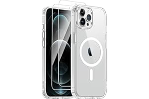 COPIKE Coque Magnétique pour iPhone 12 avec iPhone 12 Pro et 2 Verres Trempés, Compatible avec Mag Safe, Étui Aimantée [Anti-Jaune et Antichoc] Anti-Rayures Dos PC et Bumper TPU, Transparente