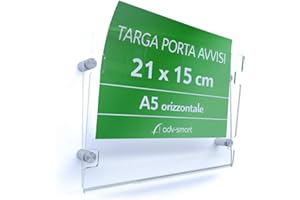 adv-smart Targa Porta Avvisi, Info, Messaggio, formato A5 orizzontale 21x15 cm, fissaggio a parete, Messaggio, flyer. Tasca in Plexiglas con apertura elastica