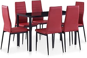 Gecheer Juego de Muebles, Conjunto de Mesa & 6 Sillas de Comedor, Tablero de Mesa Vidrio, Conjunto de Mesa y sillas de Comedor 7 Piezas Rojo Tinto