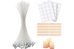 BELSVOR Juego de 100 mechas para velas (10 cm), 5 varillas, 60 pegatinas, 100 mechas de algodón, mechas para velas para la fabricación de velas DIY, mechas para velas