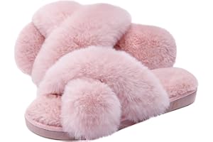 Dena lives Ladies FLuffy Cross Band House Slippers, Fuzzy Memory Foam Open Toe Slipper For Womens Indoor Slip On
