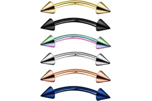 Longbeauty Set di 6 piercing a banana, 1,2 mm, in acciaio inox, coni, sopracciglia, esskimo, setto elice, labbro, naso, orecchio, banana, gioiello curvo