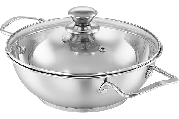 Amazon Brand - Solimo Stainless Steel Kadhai with Glass Lid 20 cm Induction & Gas Stove Compatible Rust-Resistant Easy to Clean