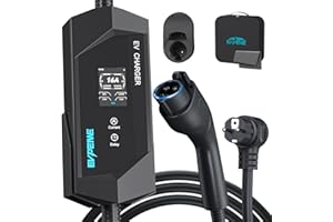 EVPEIWE EV Chargeur Type 1 Câble de Charge Schuko (3.68kW 16A 5M), Portable EVSE et Station de Charge avec LCD Écran, Courant Commutable 6-16A pour Voitures Électriques SAE J1772, IP65 avec Sac