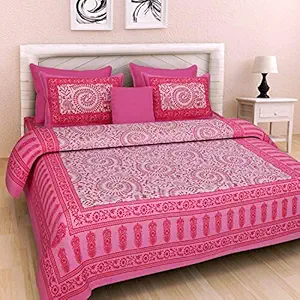 UNIBLISS Cotton Floral Rajasthani Jaipuri Traditional Double Bed Bedsheet with 2 Pillow Covers (Pink, King Size)