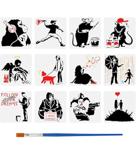 FINGERINSPIRE 9 Stück Banksy Malschablone Mit Pinsel 30x30cm Malen Ratte Graffiti Mann Fußball