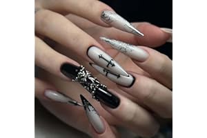 Clawrex Long Stiletto Press on Nails, czarno-srebrny sztuczny paznokieć, sztuczne paznokcie