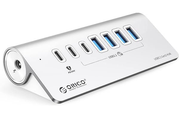 Hub USB, ORICO Hub USB C 3.2 Gen 2 alimenté à 7 ports 10 Gbit/s avec 4 USB A, 2 USB C, PD 60 W, adaptateur d'alimentation 24V/3A, répartiteur USB en aluminium avec 0.5m câble pour Macbook, Macbook Pro