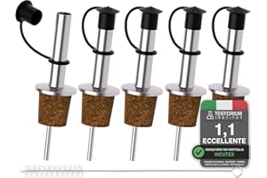 Incutex 5X beccucci per Bottiglia e 1x Spazzola per Pulizia, beccuccio di Sughero con Chiusura a Tappo in Gomma, beccuccio per Bottiglia, versatore, dosatore per liquori Vino aceto Olio