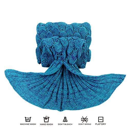 Meerjungfrau Schwanz Decke Strickmuster Fisch Waage für Kinder, weich warm Schlafsack (140 x 70,1 cm) seeblau - 3