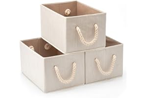 EZOWARE Set of 3 Large Nursery Fabric Storage Baskets Bins Organizer with Cotton Rope Handle for Kids Baby Nursery Room, Towels, Closet, Toys - Beige 37 x 25.5 x 21 cm