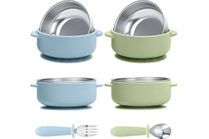 MOJINL 2 Stück Baby Schüsseln mit Saugnapf, Breischale Baby Edelstahl mit Babybesteck, BPA-Frei Kinderschüssel Kinder Schale Rutschfest Essen Geschirr Set für Babys Kinder Kleinkinder Säuglinge