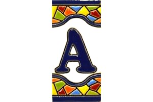 ART ESCUDELLERS Schilder mit Zahlen und Nummern auf vielfarbiger Keramikkachel. Handgemalte Kordeltechnik fuer Schilder mit Namen, Adressen und Wegweisern. Persoenlich gestaltbarer Text. Design MOSAICO MINI 7,3 cm x 3,5 cm (BUCHSTABEN "A").