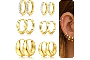 KALVICA 6 Pairs Non Tarnish 14K Gold Plated Huggies Earrings for Women Hypoallergenic 20G Chunky Cartilage Earring Set Lightweight Helix Sleeper Small Hoop Earrings for Women Men Silver Gold