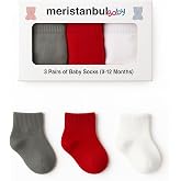 Meristanbul Baby &ndash; Erkek ve Kız Bebekler İ&ccedil;in 3&rsquo;l&uuml; Pamuklu &Ccedil;orap Seti, Kutulu | Kırmızı, Gri, Beyaz (0&ndash;12 Ay)