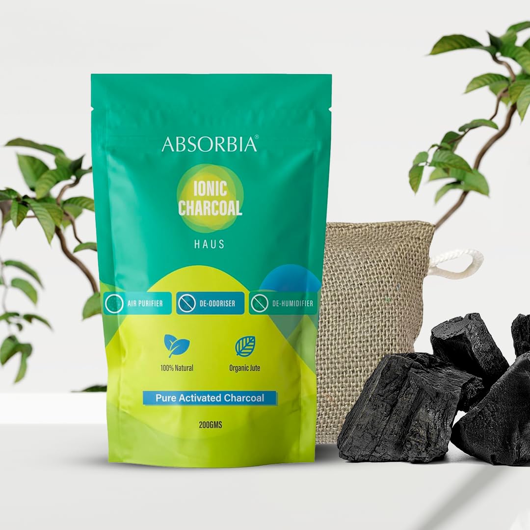 ABSORBIA IONIC HAUS Pure Activated Charcoal Air Purifier, made with Organic Jute Bag | Natural Deodorizer and Dehumidifier fo