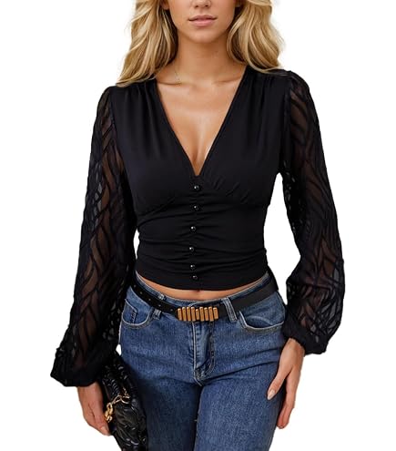 Haut En Dentelle Ajourée Patchwork Manches Longues Femme - T-Shirt Plissé Uni Léger Respirant Printemps Automne