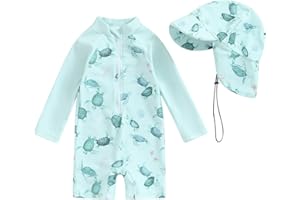 Dazzerake Maillot Unie Pièce avec Chapeau Bébé Garçon Maillots de Bain Eté Imprimé Manches Longues Combinaison de Maillot pour Bébé Garçon 0 Mois-3 Ans