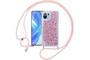 Pnakqil Funda Glitter Liquida con Cuerda para Xiaomi Mi 11 Lite 4G/5G 6.55",con Colgante Ajustable Collar Correa de Cuello Cadena Cordón y 1 Pack Cristal Templado Protector de Pantalla