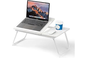 DECODEKO Mesa para Cama y Sofá: Plegable Bandeja para Cama con Tapa Ajustable y Portavasos, Mesa Cama Ordenador en Tablero MDF y Metal, 56x32x25 cm (Blanco)