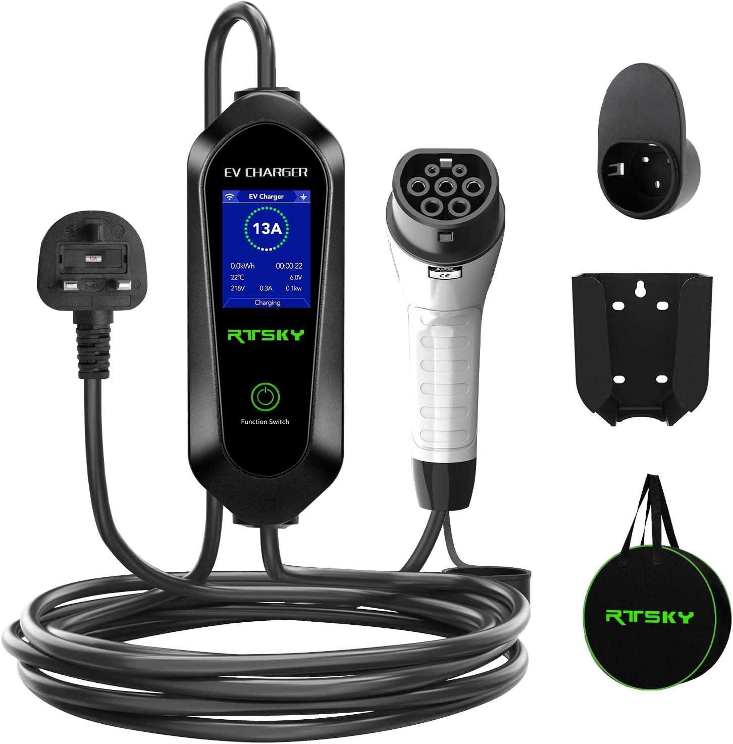 RTSKY Ev Charger Cable Type 2 to 3 Pin UK Plug 5M, 3KW 13A with Adjustable Current, Includes UI Display Screen, Storage Bag & Wall Mount