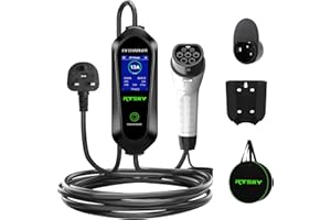 RTSKY EV Charger Cable Type 2 to 3 Pin UK Plug 5M/16.4ft, 3KW 6/8/10/13A Adjustable Portable Charger Cable with UI Display Screen, Gun Holder & Wall Bracket, IP54 Waterproof