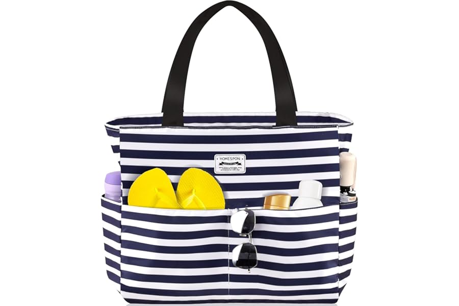 HOMESPON Large Waterproof Beach Tote Bag for Women with Zip and Pockets Foldable Handbag for Travel Pool Shopping Holiday Gym-Blue Stripes