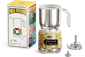 Hazel Quinn Montalatte Elettrico 5 in 1 per Cappuccino, Acciaio Inox e LED Touchscreen, Schiuma Latte Elettrico da 400 ML, Schiumatura a Caldo e a Freddo, Lavabile in Lavastoviglie, Stampa Floreale