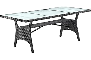 Casaria Table de Jardin polyrotin Noir 190x90x74 cm Plaque en Verre de sécurité réglable résistant aux intempéries