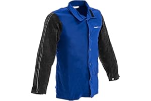 Stamos Welding Group SWJ04L Schweißerjacke aus Baumwollsatin/Rindspaltleder Größe L schwarz/blau Schweißerbekleidung Schweißer-Schutzkleidung Schweißer-Mantel