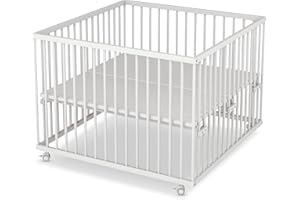 Sämann Beech Playpen with Mattress, TÜV Tested 2020, Infinitely Height Adjustable, Baby Playpen with Rubberised Wheels, 75 x 100, 100 x 100, 120 x 120 cm