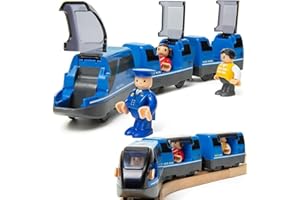 TOPLIVING Train à Piles pour Chemin de Fer en Bois - Jouet Haute Vitesse pour Tout-Petits de 3, 4, 5 Ans - Attelage magnétique - Véhicule Urbain avec Figurines