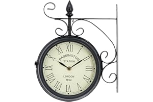 CHARLES BENTLEY Paddington Outdoor And Indoor Double Sided Wall Clock, Black, Analogue Design, Plastic, Metal, Quiet Ticking, Roman Numerals, Vintage, Patio Clock, Living Room, Kitchen (32x27x9.5cm)