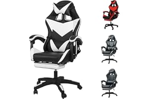 Yesuitme Gaming Chair with Footrest, Gaming Chair for Adults Computer Chair with Lumbar Cushion, Headrest, Height-Adjustable Office Chair(With Footrest, Black+White)