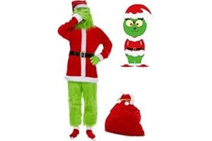 Hereneer Natale Mostro Verde Costume, 8 Pezzi Costume da Verde Babbo Natale per Uomo Set, Abito da Verde Santa Claus Deluxe per Adulto per Cosplay Festa di Natale