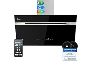 KKT KOLBE A+++ Dunstabzugshaube 90 cm 782 cbm/h Umluft Abluft Kopffrei Wandhaube | Schwarz Silber Edelstahl | Glas | Nachlaufautomatik | Smart WiFi App WLAN | SensorTouch | RGBW LED | AURORA9005SE