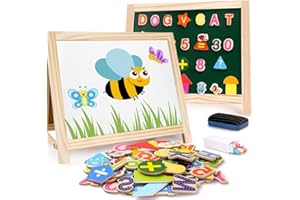 BODERAM Kids Wooden Art Easel Magnetic Whiteboard and Chalkboard Tabletop Drawing Board with Magnetic Letters Numbers for Toddlers Boys Girls 3 4 5 6 7 8 9 10 Years Old