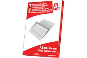 Albyco Buste per Laminazione - Foglio di Laminazione A3 (303x426 mm) – Lucido - Spessore 2x125 (250) Microns - 100 Pezzi - Foglio Plastificante - Pouches di Plastificazione - Fogli Plastificatrice