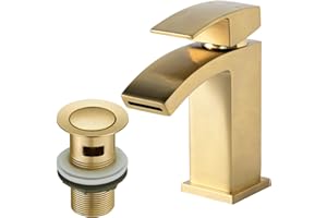 Waterfall Bathroom Sink Taps with Drain, BATHWEST Square Basin Taps with Pop Up Waste, Monobloc Brass Bathroom Taps with Sink Plug 322WP (Gold, Large)