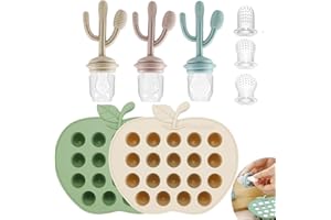 PandaEar 2 Pack Baby Food Freezer Tray & 3 Pack Baby Fruit Food Feeder Pacifier, Baby Fruit Food Feeder Teether Tray Ice Cube Maker, Silicone Feeder Cactus Shape Teething Toy 3 Sizes Pouches