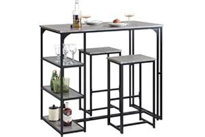 SoBuy OGT43-HG 3-teilig Bartisch mit Stühlen Esstisch Stehtisch mit 3 Ablagefläche Bartheke Tresentisch Bistrotisch mit 2 Barhocker Sitzgruppe Hellgrau