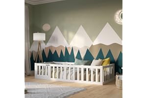 Crazy Pine Letto per Bambini 200x120 cm – Letto Montessori a Pavimento con Barriera di 40 cm Rimovibile – Legno Bianco con Superficie Liscia – Perfetto per Bambini e Bambine Crazy Johnny