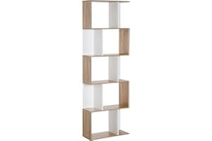 HOMCOM Scaffale Libreria a 5 Ripiani Suddivisi, Libreria Salvaspazio a Forma di S in Legno, Scaffale Divisorio per Soggiorno, Camera da Letto e Ufficio, 60x24x184.5 cm, Color Legno e Bianco