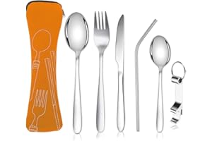 MNSCONKL 6-Stück Tragbares Campingbesteck Set,304 Edelstahl Bestecksets Essbesteck,Camping Besteck mit Gehören Messer,Gabel,Löffel,Flaschenöffner,Strohhalme Bestecktasche für Outdoor Reise Picknick Orange