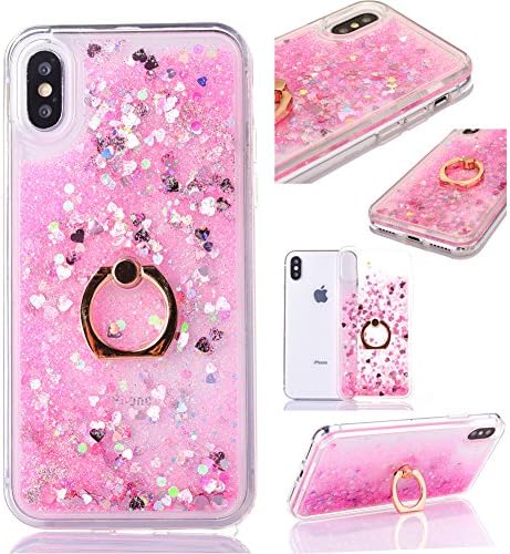 iPhone X Glitter Case,Crystal Clear Ultra Thin TPU Floating Sparkle Hearts Stars Liquid Bling Glitter Case for iPhone X,Cover for iPhone X with 5.8 inch Screen,3D Creative Funny Cute Liquid Flowing Floating Sparkle Bling Glitter Diamond Durable Rubber Silicone Back Case Cover Shell Drop Protection with Ring Holder Stand for Apple iPhone X