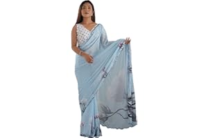 RAJESHWAR FASHION WITH RF Damen Georgette-Sari | gewellte Bordüre, Spiegelarbeit, Stickerei, Sari mit ungenähtem Blusenteil