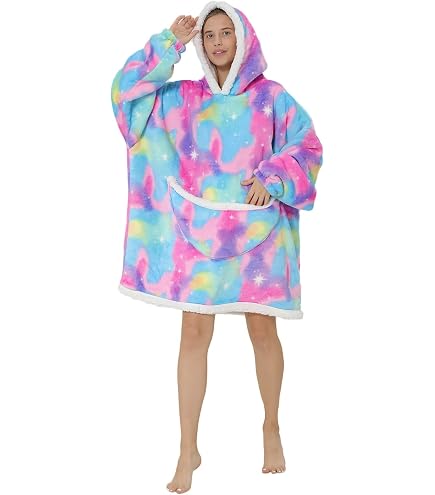 Coperta Con Cappuccio Per Bambini (Hoodie Blanket) - Felpa Oversize In Pile, Taglia Unica, Design Mucca/Avocado/Rosa