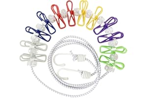 Aieino 1.8m Portable Clothes Line with 12 Clothes Pegs - Retractable Travel Washing Line Clothespins Camping Clothesline Elastic Windproof for Laundry Drying Line Indoor Outdoor Hanging