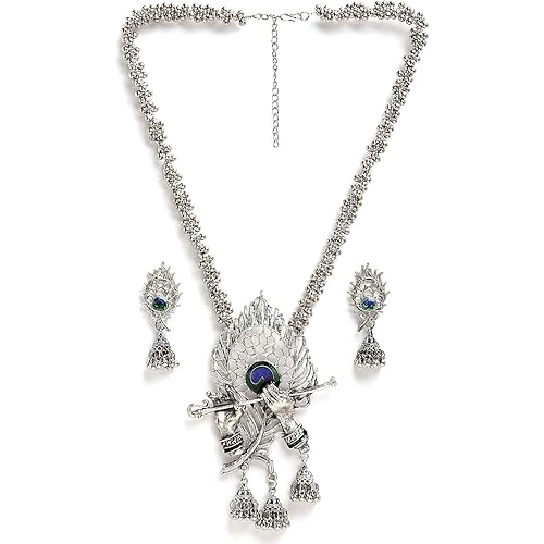 Shining Diva Fashion Latest Stylish Design Fancy Traditional Oxidised Silver Necklace Jewellery Set for Women (13165s)