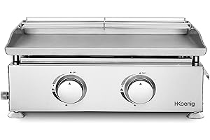 H.Koenig Plancha PLX920 2 palniki gazowe U ze stali nierdzewnej, propan lub butan, jednorodna dystrybucja ciepła, regulowana temperatura do 350°C, antypoślizgowe nóżki